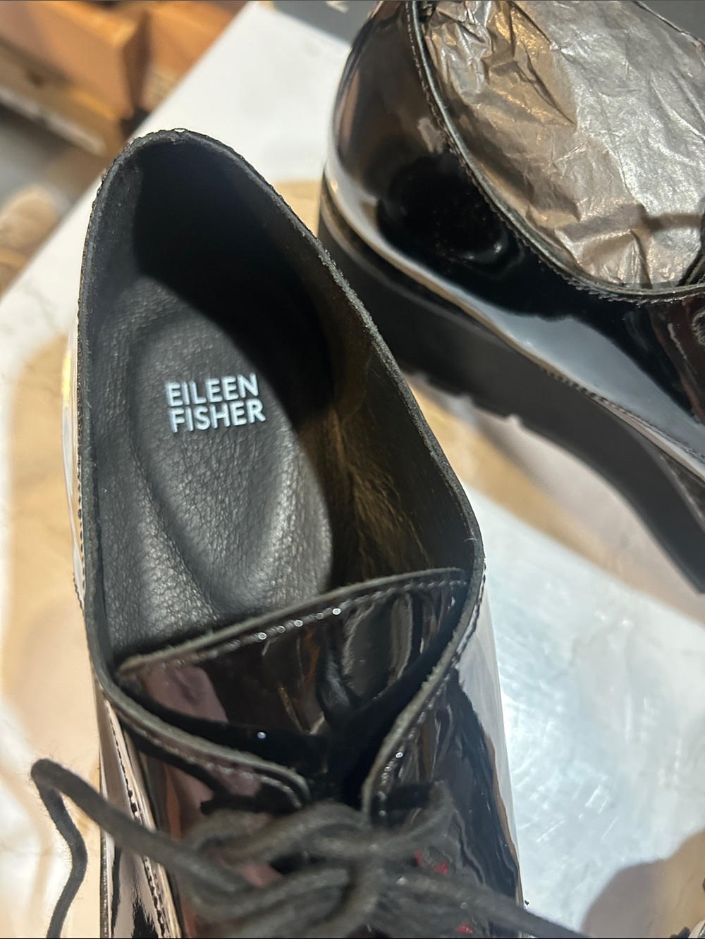Eileen Fisher Eddy Black Patent Platform Lace-Up Boots - Picture 7 of 9